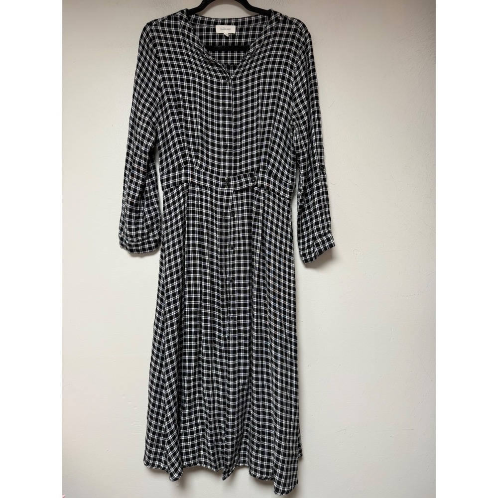 Böhme Plaid Midi Dress Womens Large Black White Excellent Button Front Rayon